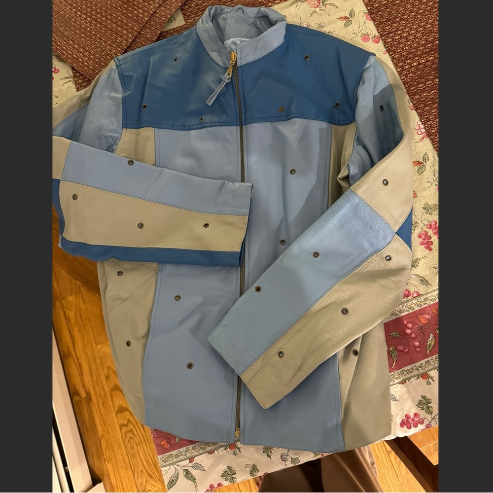 Vintage Blue and White Racer Moto Grommet Leather Jacket